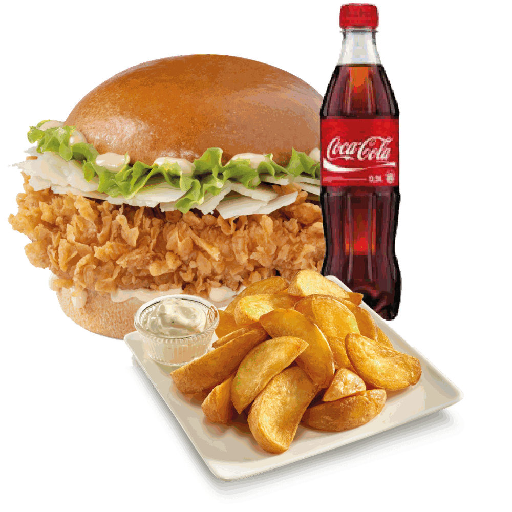 Chicken-Burger Menü mit Potato Wedges